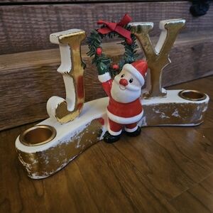 Vintage REPLICA Holt Howard Gold and White JOY Candle Holder with Santa